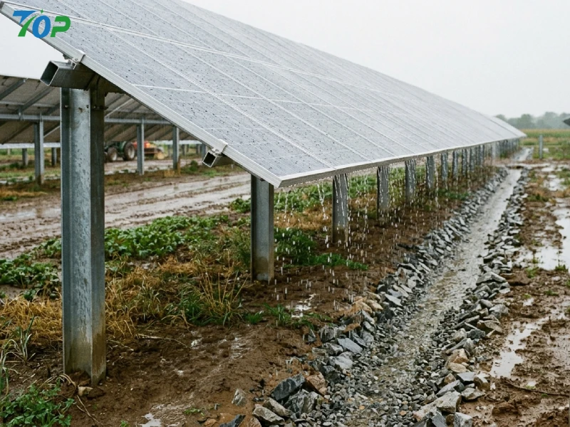 Rainwater runoff flowing from agrivoltaic solar panels into engineered drainage channel Rainwater runoff flowing from agrivoltaic solar panels into engineered drainage channel